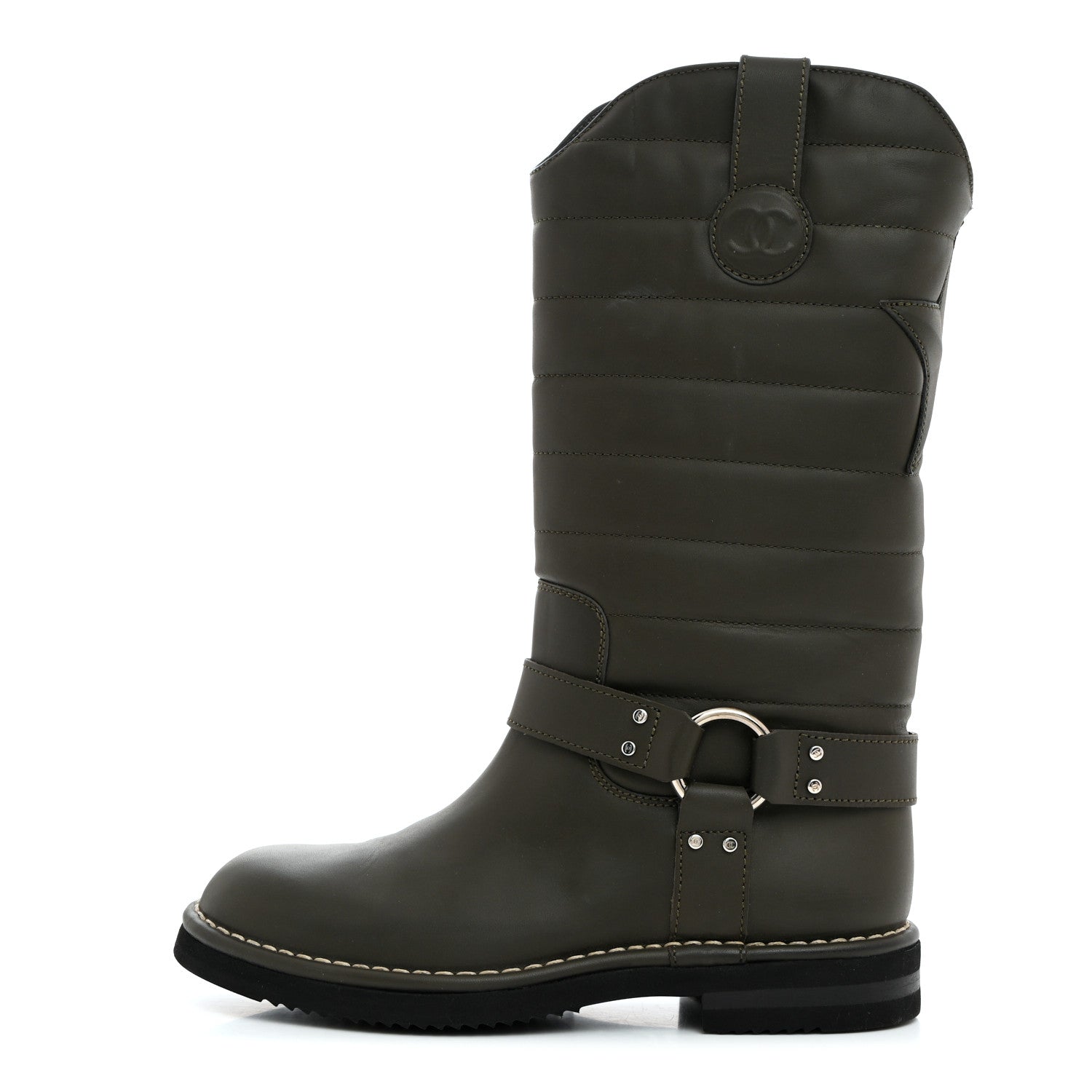 Chanel Oily Calfskin Star Quilted Biker Boots 37 Khaki 1 of 9