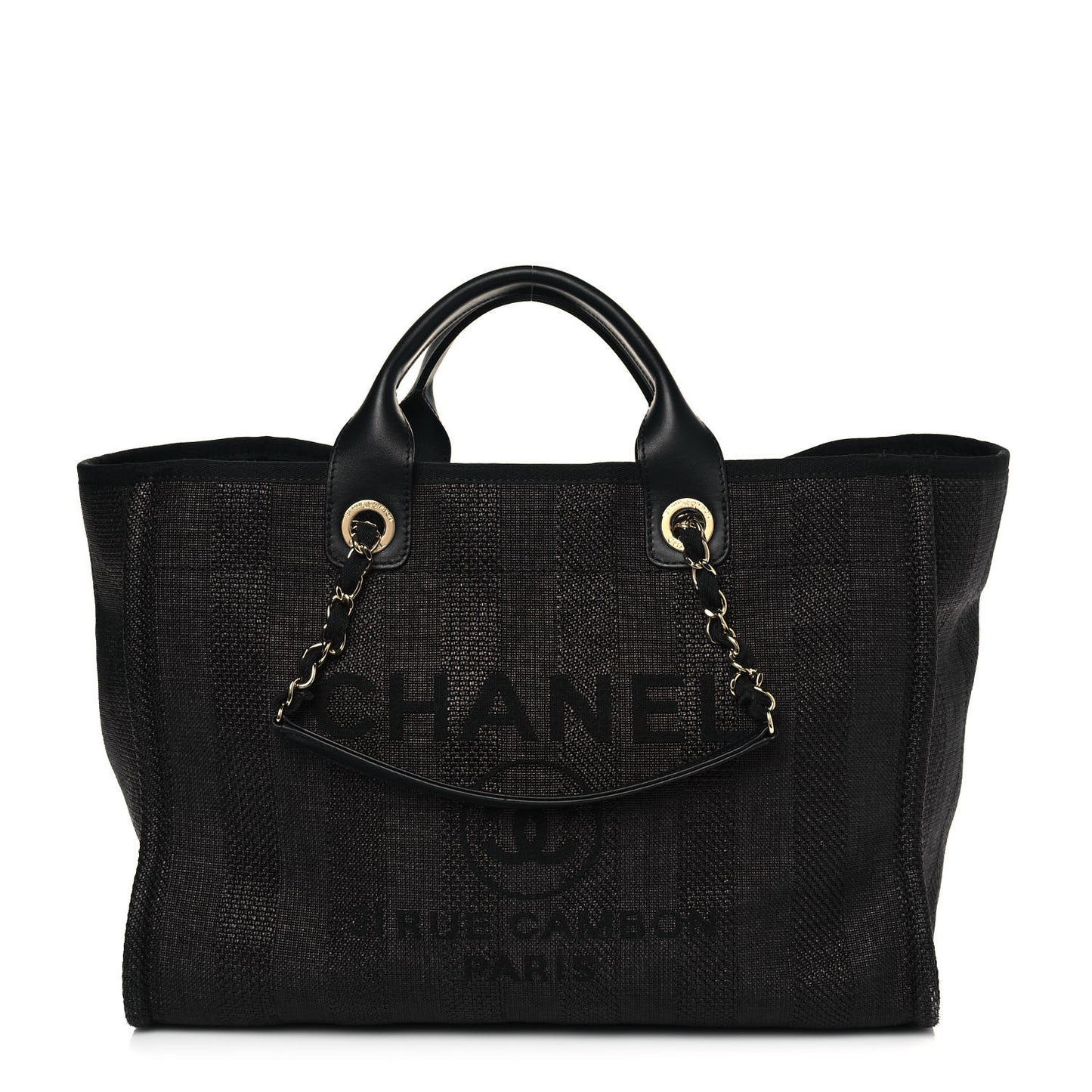Mixed Fibers Calfskin Striped Medium Deauville Tote Black