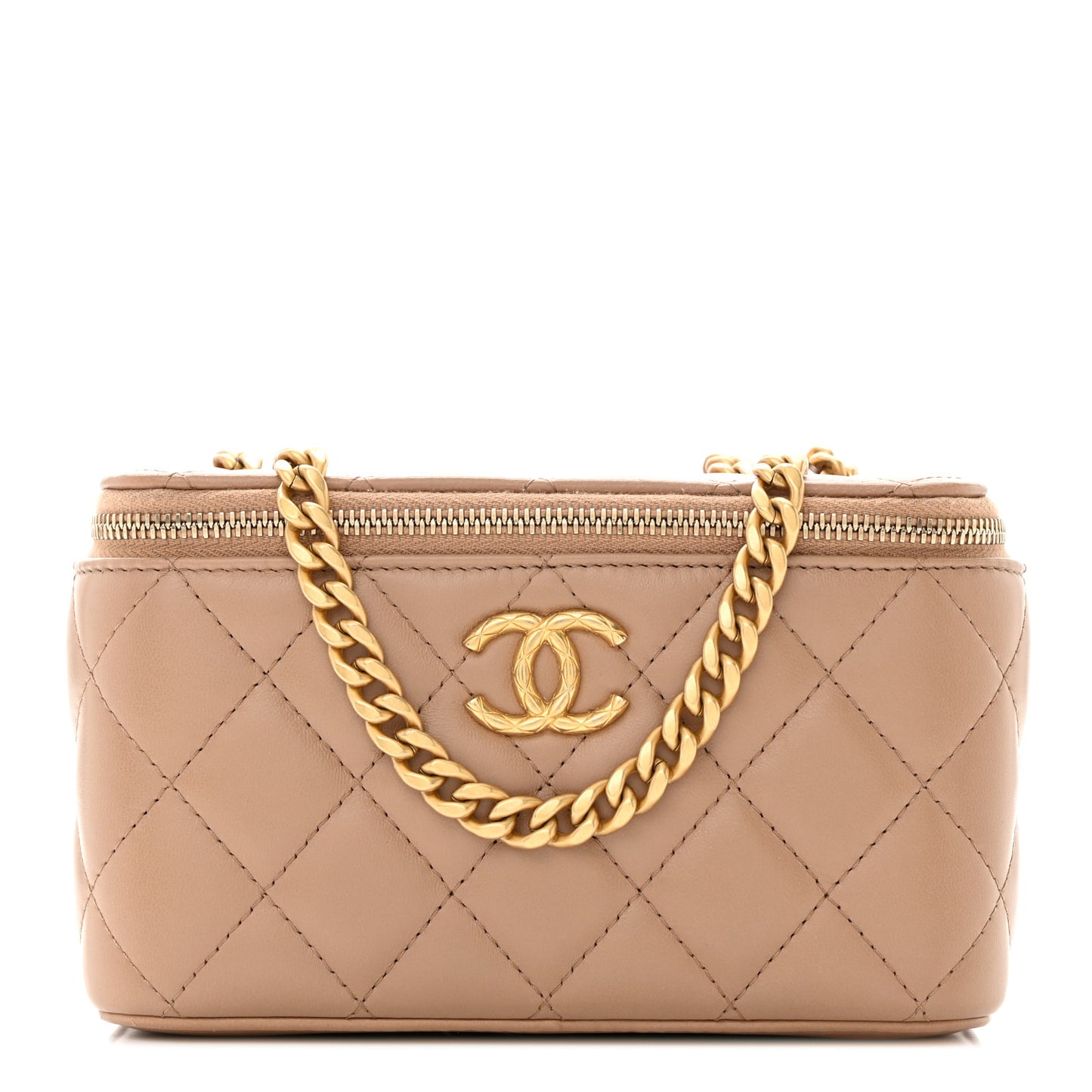 Lambskin Quilted Pearl Crush Small Vanity Case With Chain Beige