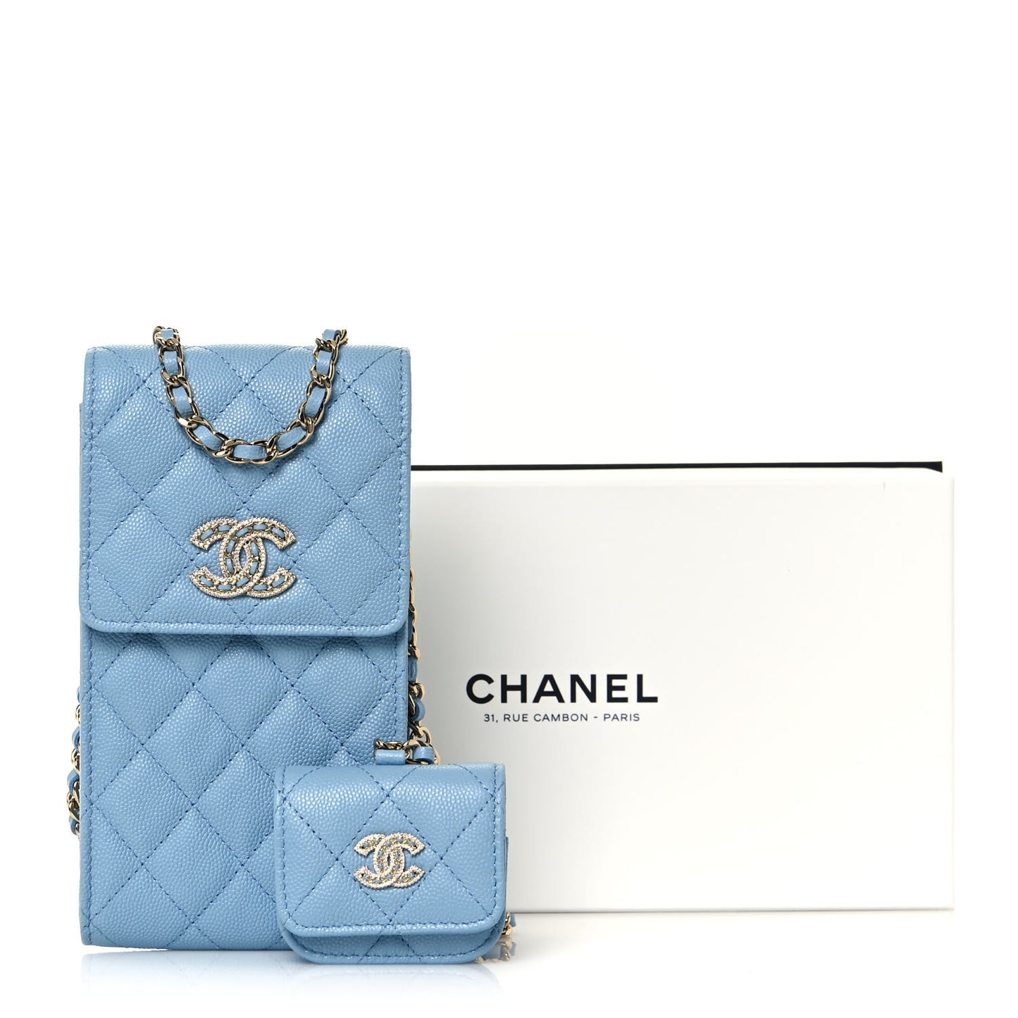 Caviar Quilted Crystal CC Airpods Pro and Phone Case With Chain Light Blue