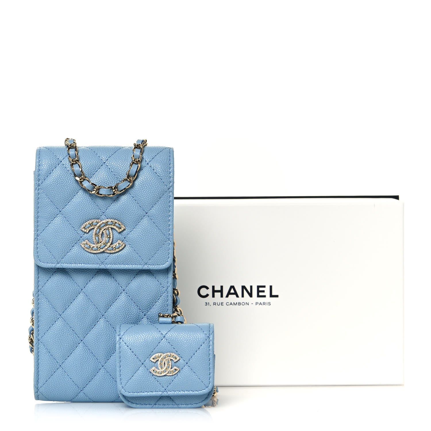 Chanel Caviar Quilted Crystal CC Airpods Pro and Phone Case With Chain Light Blue 17 of 17