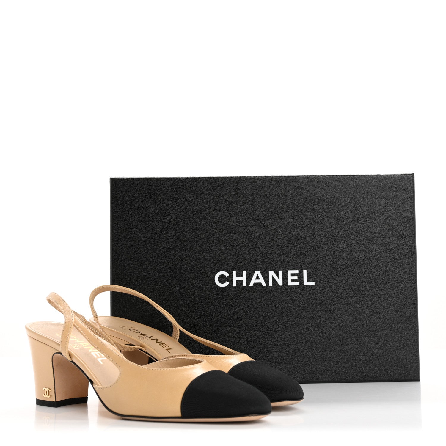 Chanel Goatskin Grosgrain Cap Toe CC Slingback Pumps 38 Beige Black 12 of 12