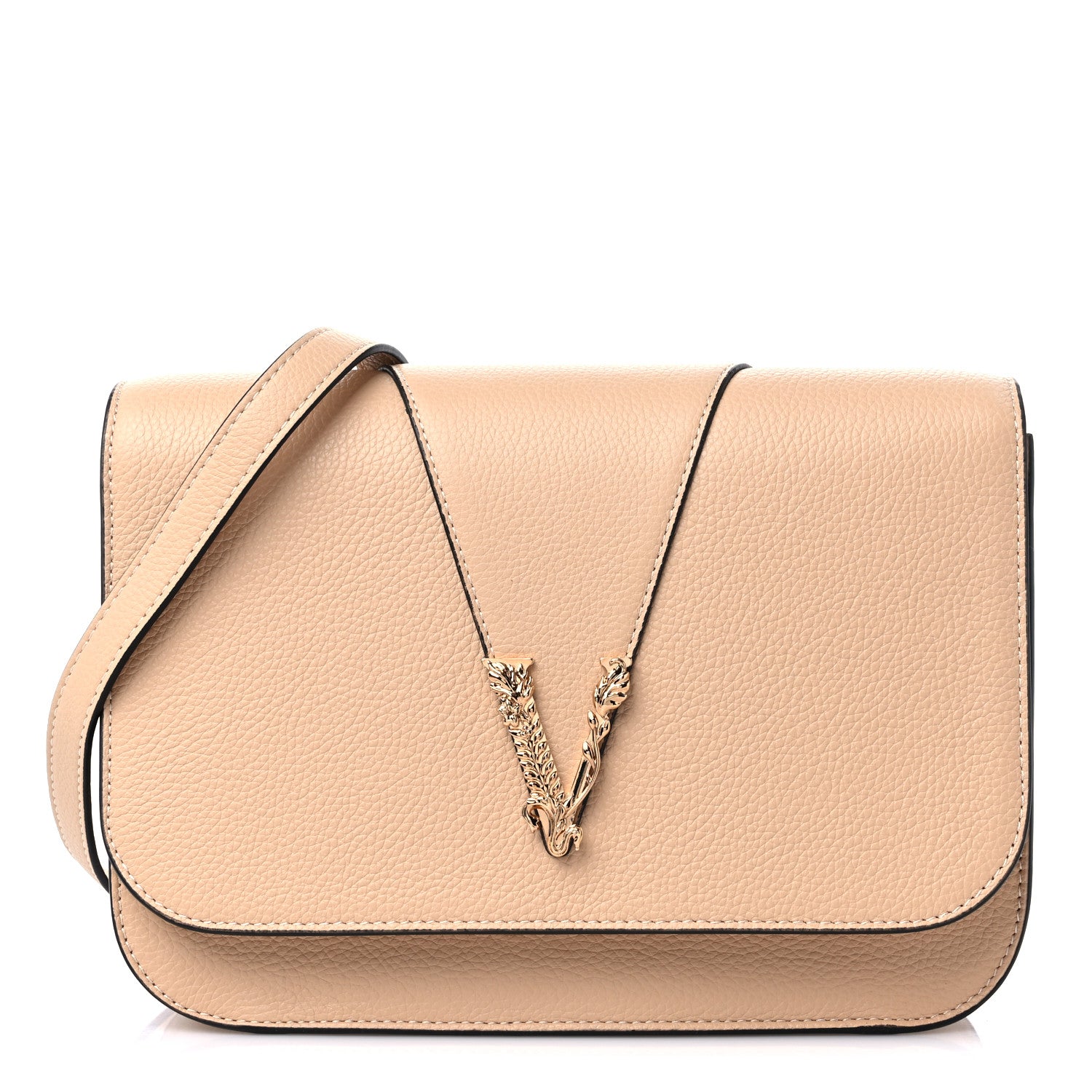 Versace Grained Calfskin Virtus Shoulder Bag Beige 1 of 9