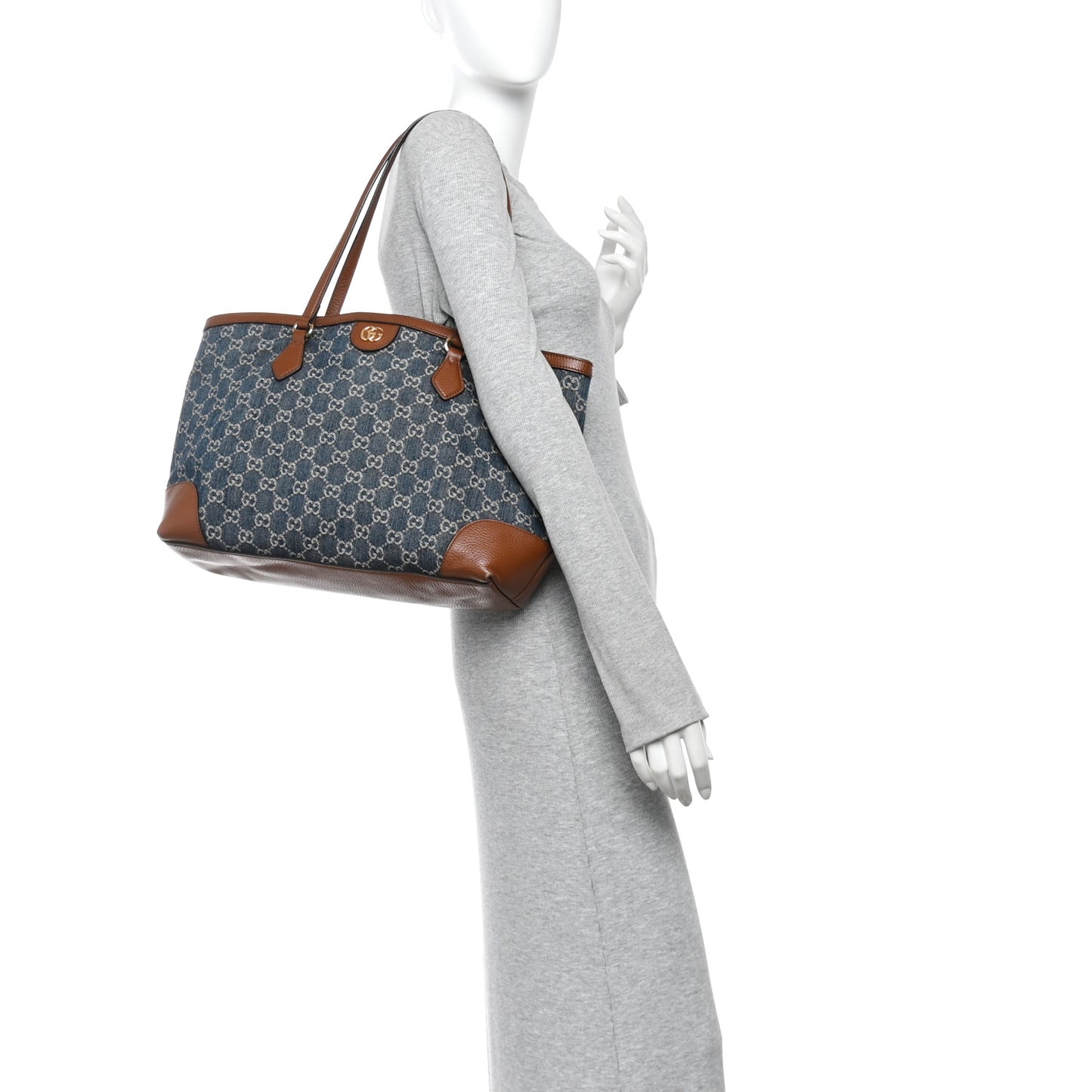 New Denim GG Monogram Medium Ophidia Shopping Tote Blue Tea Cuir
