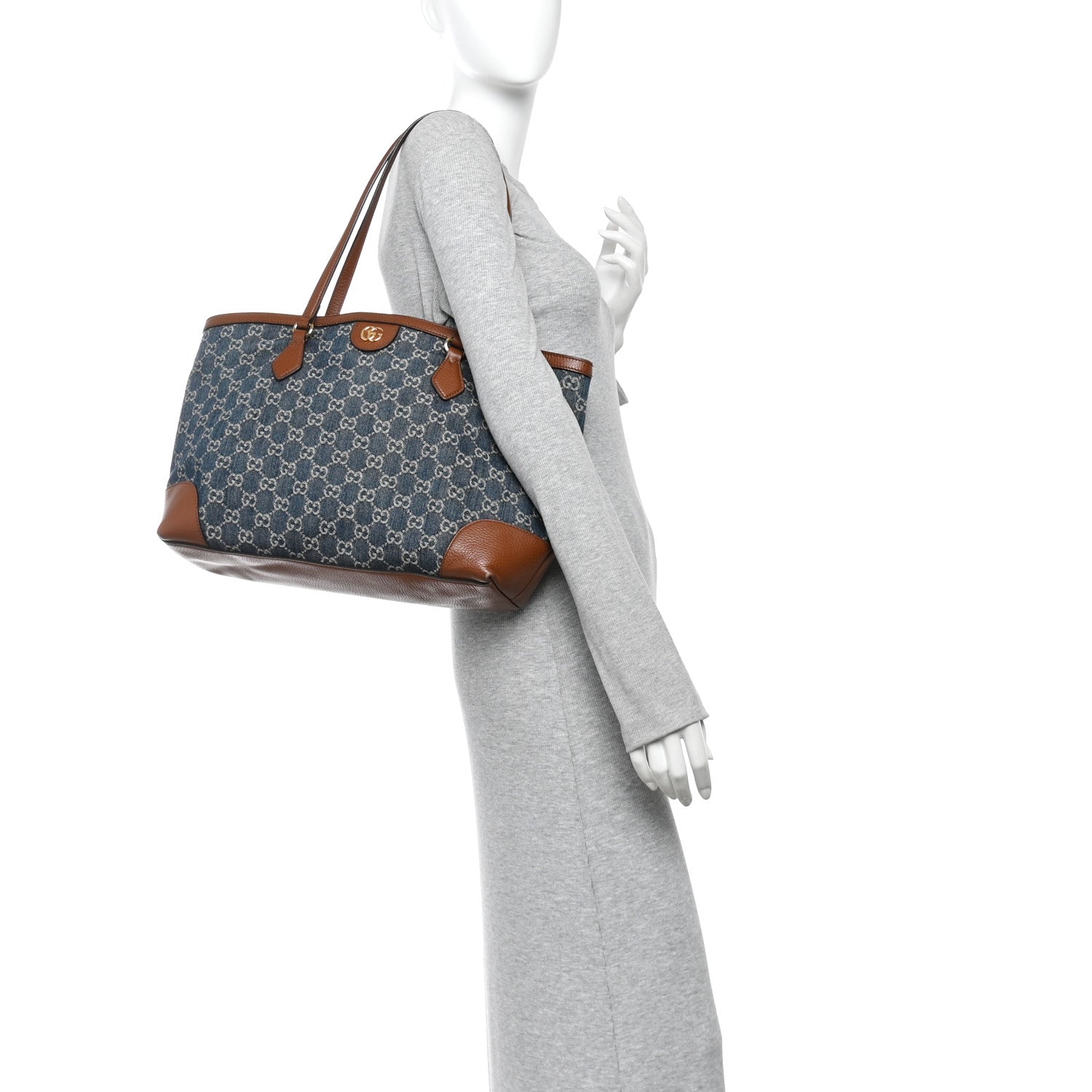 Gucci New Denim GG Monogram Medium Ophidia Shopping Tote Blue Tea Cuir 2 of 11