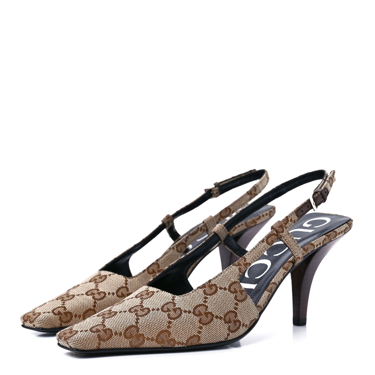 Gucci Monogram Malga Kid Square G 75mm Slingback Pumps 36 Beige Ebony New Acero 3 of 7