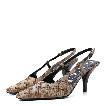 Gucci Monogram Malga Kid Square G 75mm Slingback Pumps 36 Beige Ebony New Acero 3 of 7