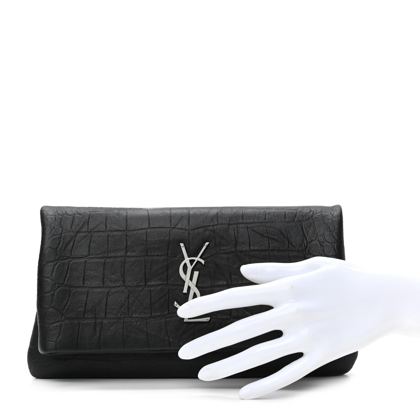 Calfskin Crocodile Embossed West Hollywood Monogram Fold Over Clutch Black