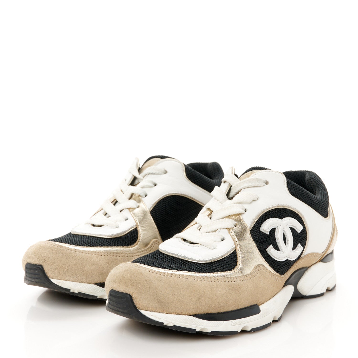 Chanel Mesh Suede Calfskin Grained Calfskin Womens CC Sneakers 37 White Black Beige Gold 4 of 9