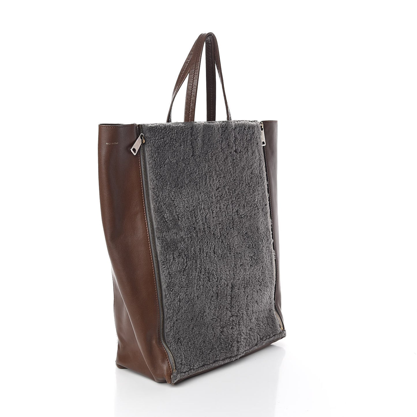 Shearling Calfskin Vertical Zip Gusset Cabas Grey