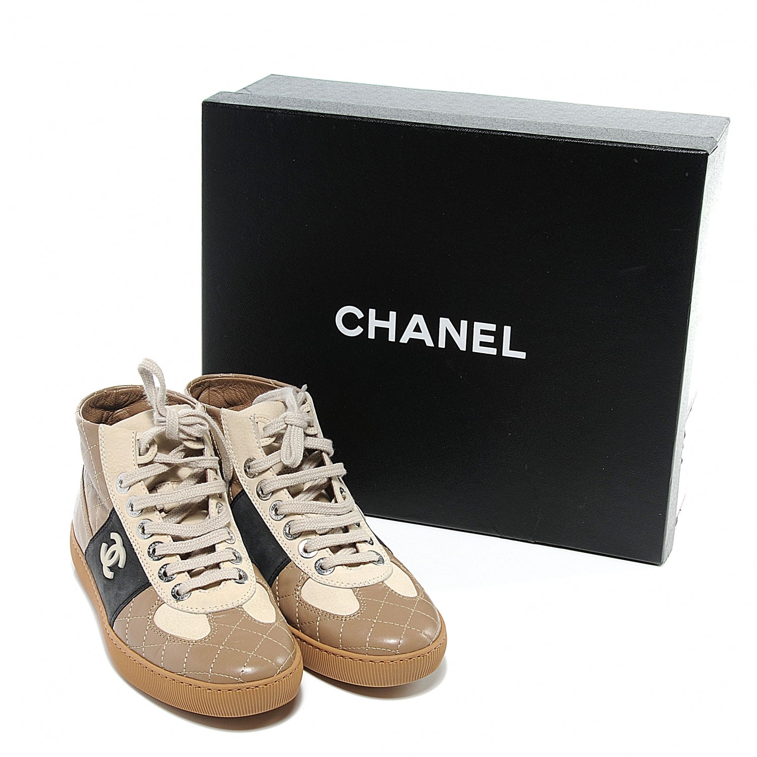 Chanel Leather Quilted Hightop Tennis Shoes 6 Beige 4 of 5