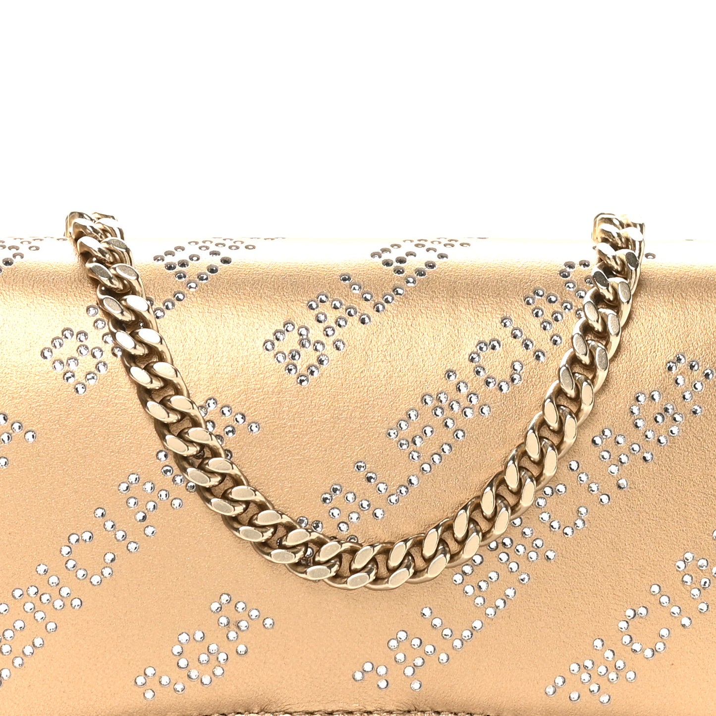 Metallic Smooth Calfskin Crystal Diagonal Allover Logo Hourglass Wallet Light Gold Crystal