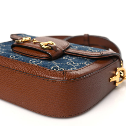 Gucci New Denim GG Monogram Dollar Calfskin Web Mini Horsebit 1955 Shoulder Bag Blue Tea Cuir Epilog 10 of 10