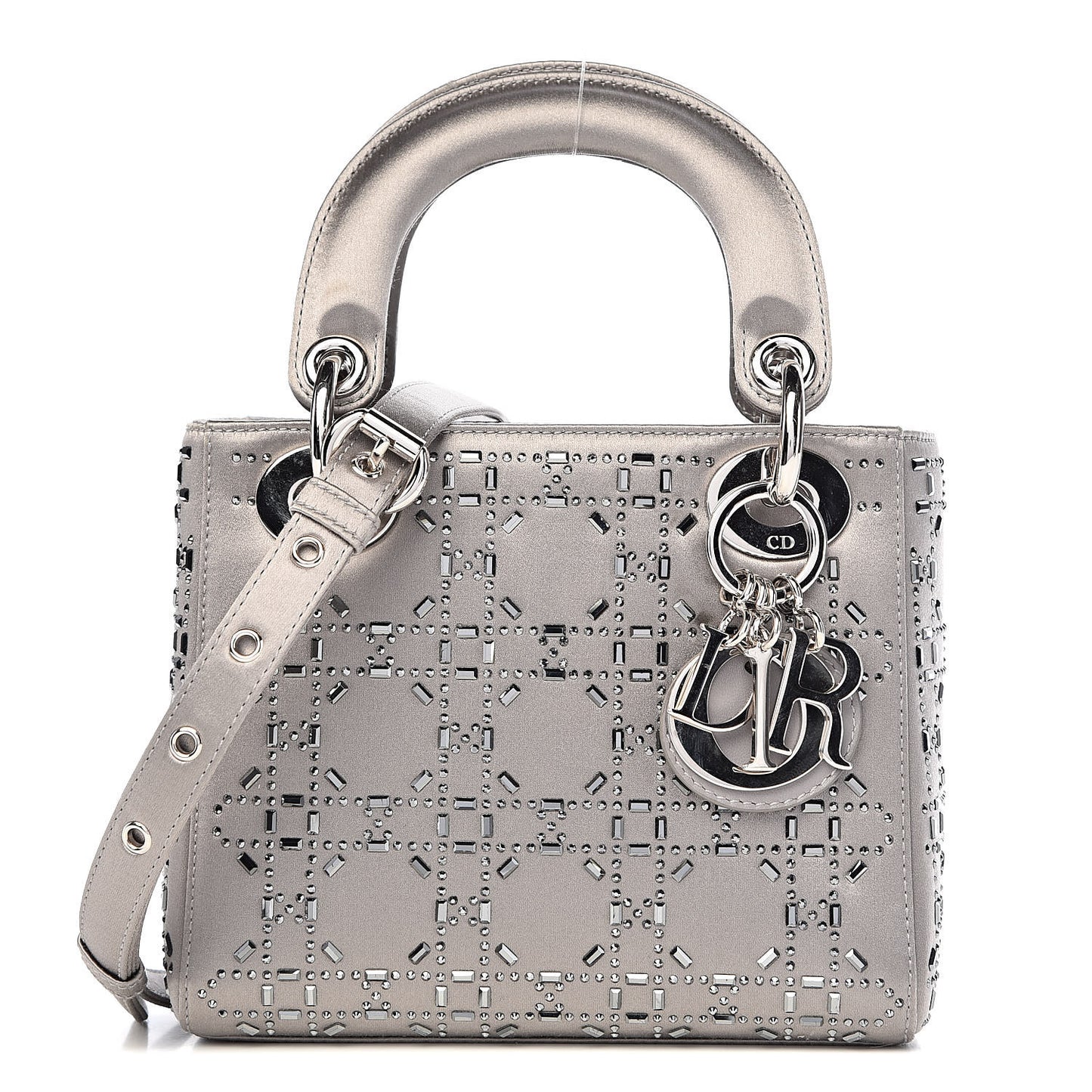 Satin Crystal Cannage Mini Lady Dior Gray