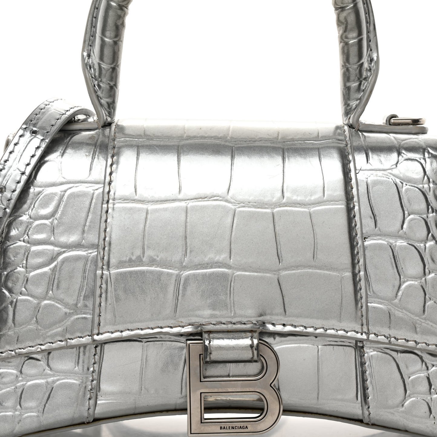 Metallic Calfskin Crocodile Embossed Hourglass Top Handle Bag XS Silver