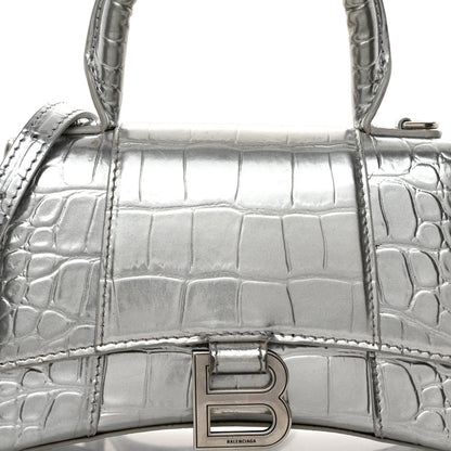 Balenciaga Metallic Calfskin Crocodile Embossed Hourglass Top Handle Bag XS Silver 7 of 12