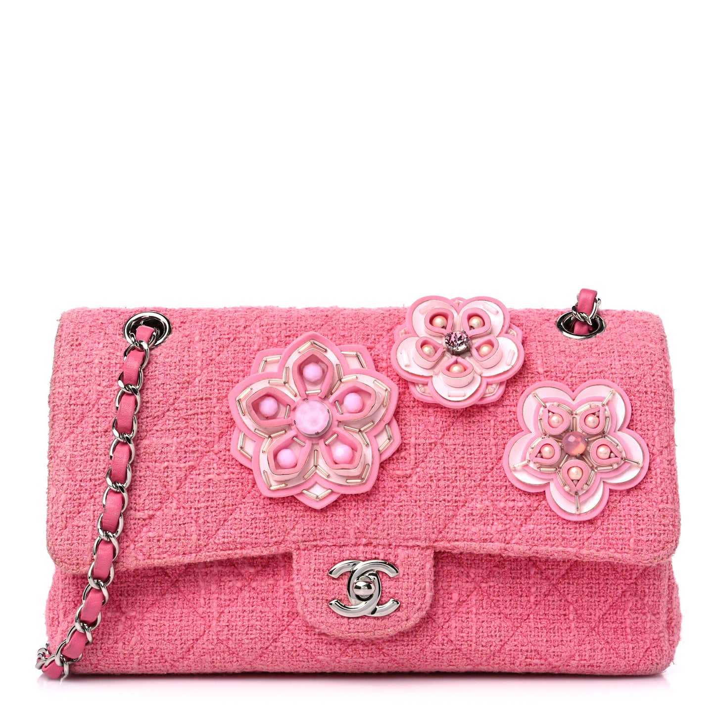 Tweed Crystal Bead Flower Embellished Quilted Medium Double Flap Pink