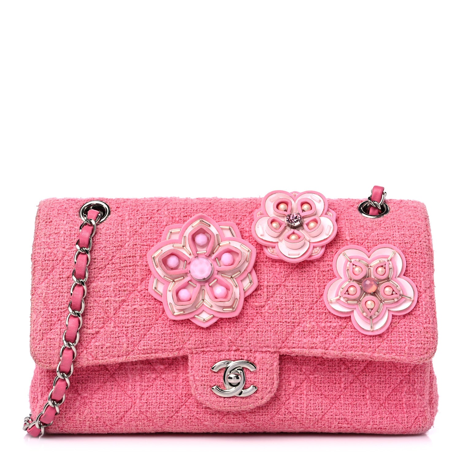 Chanel Tweed Crystal Bead Flower Embellished Quilted Medium Double Flap Pink 1 of 12