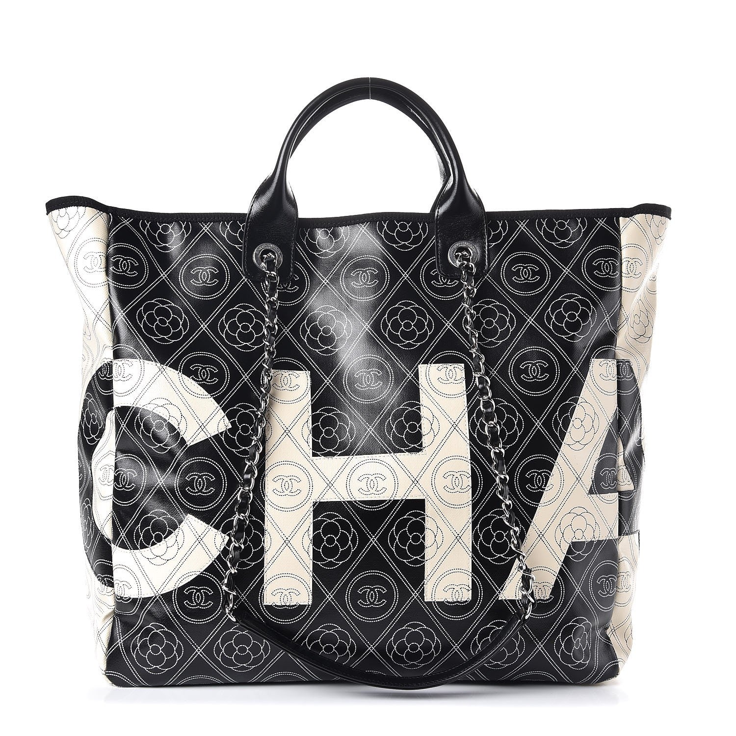 Chanel Coated Canvas Camellia Medium Shopping Tote Black Beige 1 of 8