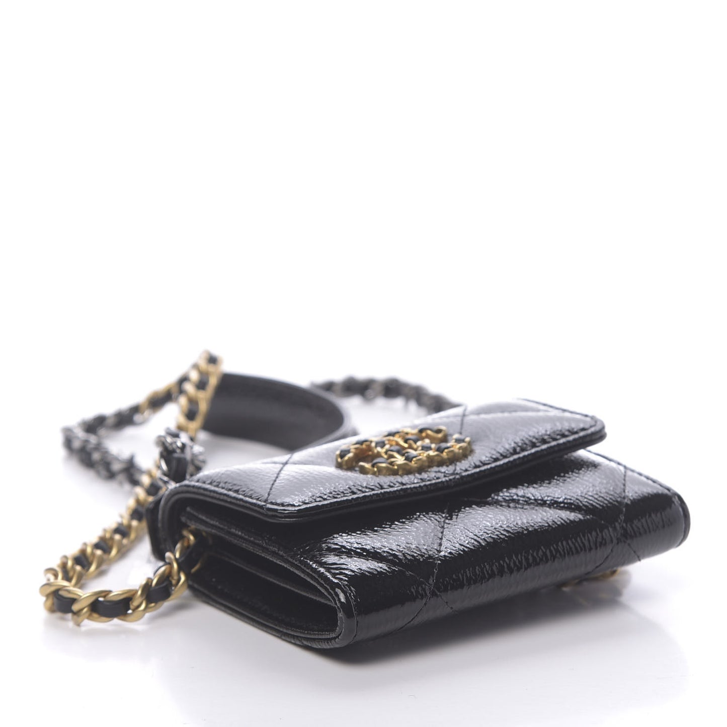 Shiny Crumpled Calfskin Quilted Chanel 19 Flap Coin Purse With Chain Black