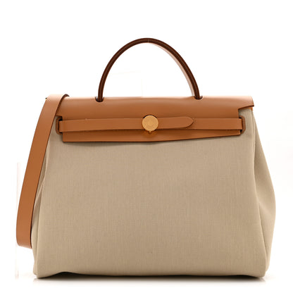 Hermes Toile Militaire Vache Hunter Laque Herbag Zip Retourne PM 31 Beton Naturel Sable Nata 1 of 12