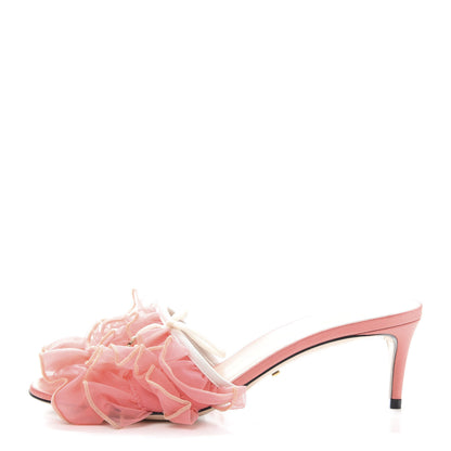 Gucci Tulle Ruffle Low Heel Slide Sandals 37 Peach Mystic White 1 of 9