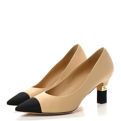 Chanel Lambskin Grosgrain Cap Toe CC Pumps 40 Beige Black 3 of 8