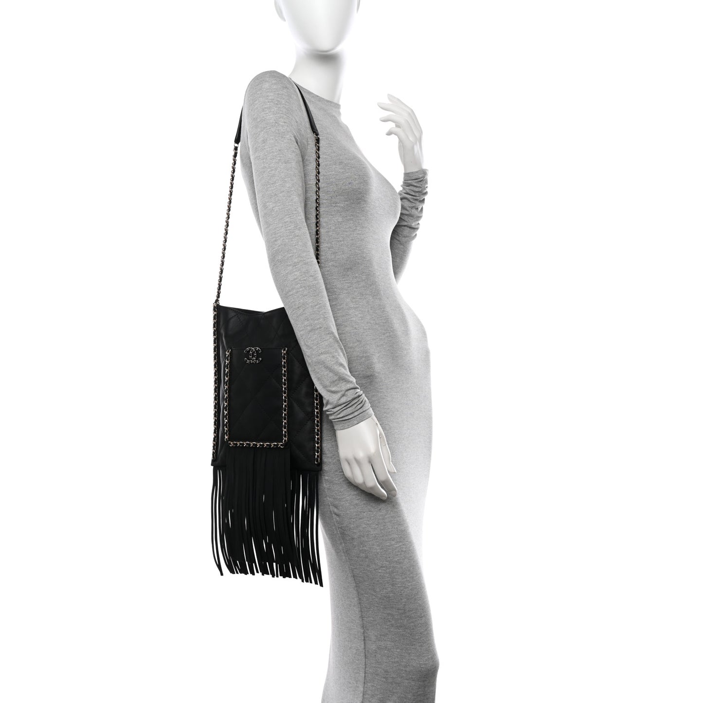 Calfskin Quilted Fringe Small Shopping Bag Black