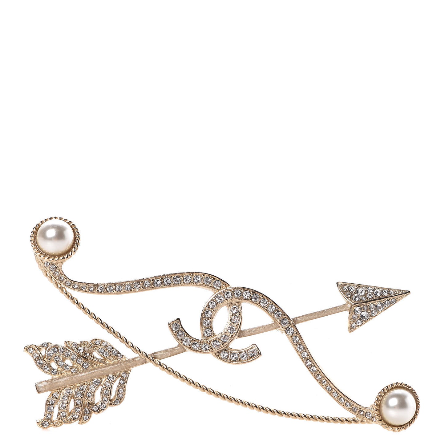 Crystal Pearl CC Arrow Brooch Gold