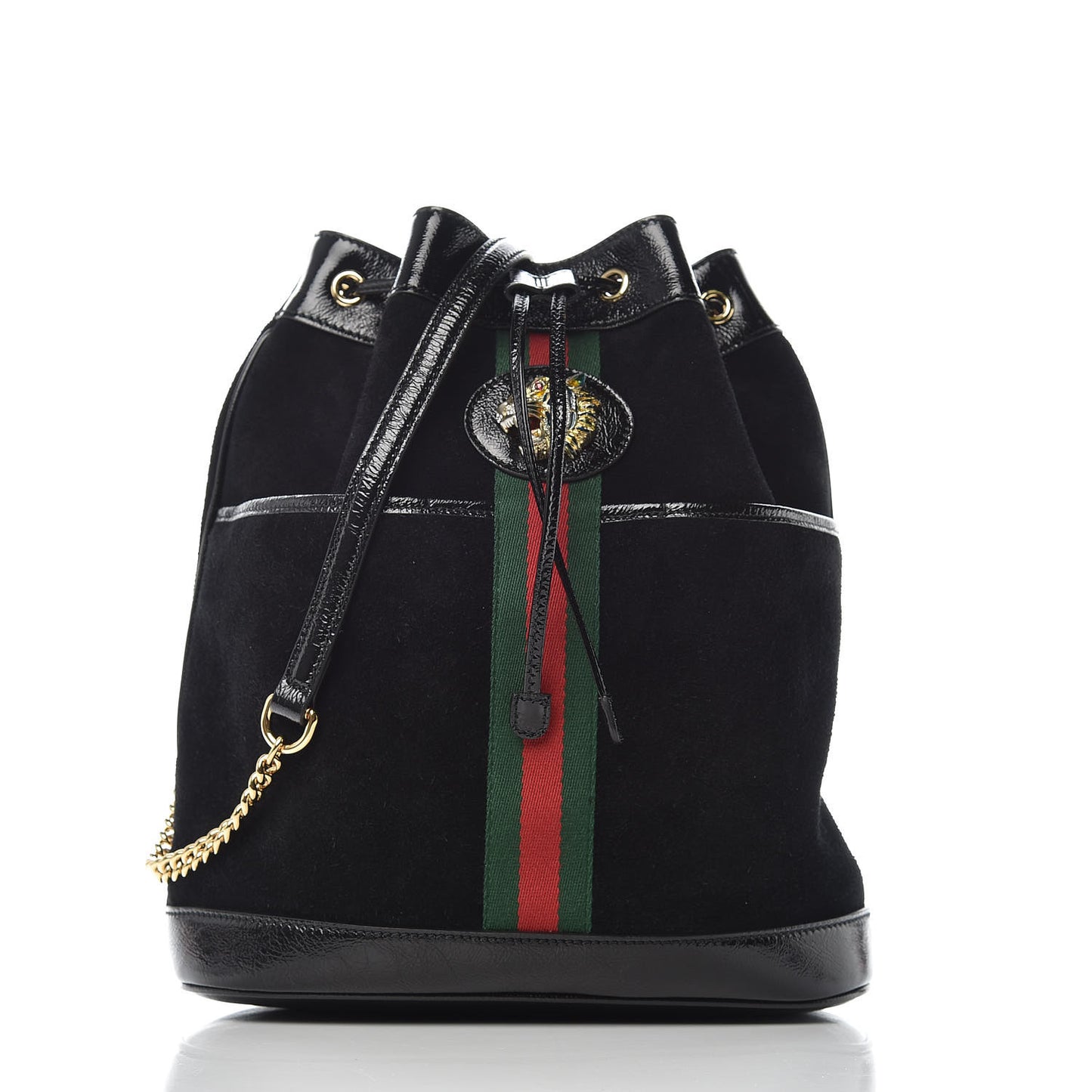 Suede Patent Web Medium Rajah Bucket Bag Black