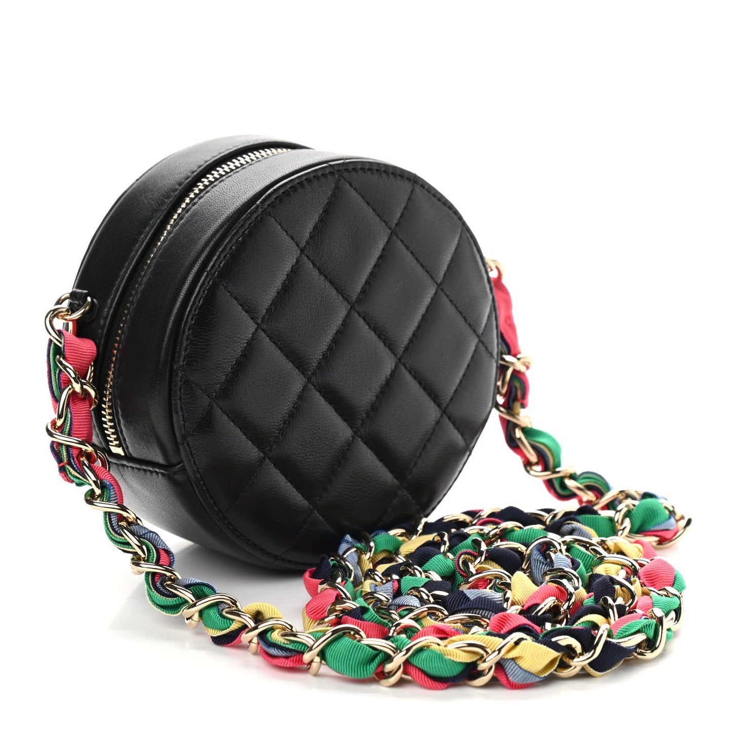 Shiny Lambskin Ribbon Quilted Round Clutch With Chain Black