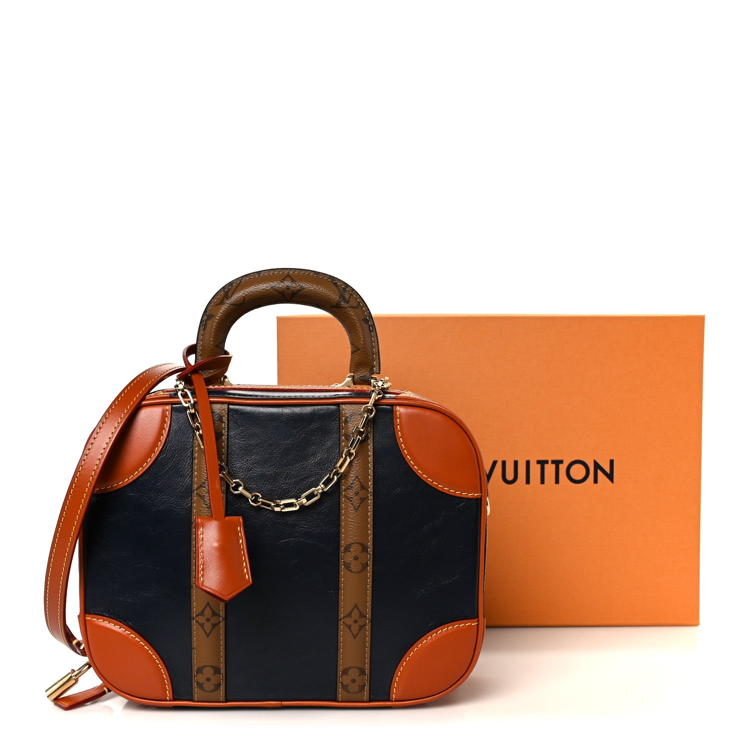 Louis Vuitton Calfskin Reverse Monogram Valisette PM Navy Caramel