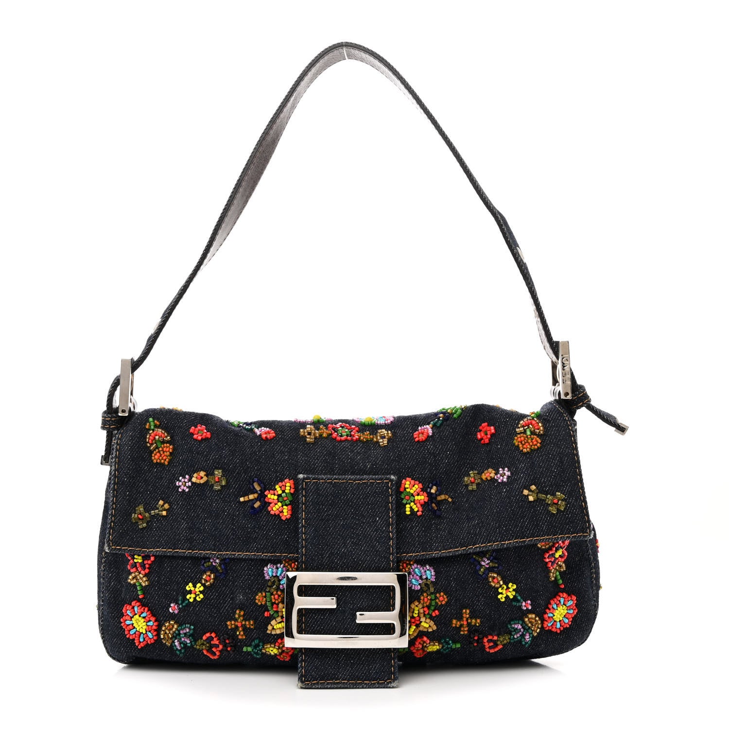 Fendi Denim Ricami Beaded Baguette Blue 1 of 10