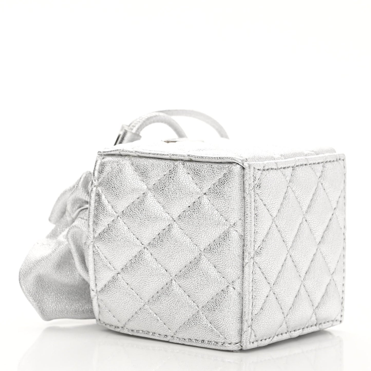 Metallic Caviar Quilted Mini Drawstring Bucket Bag Silver