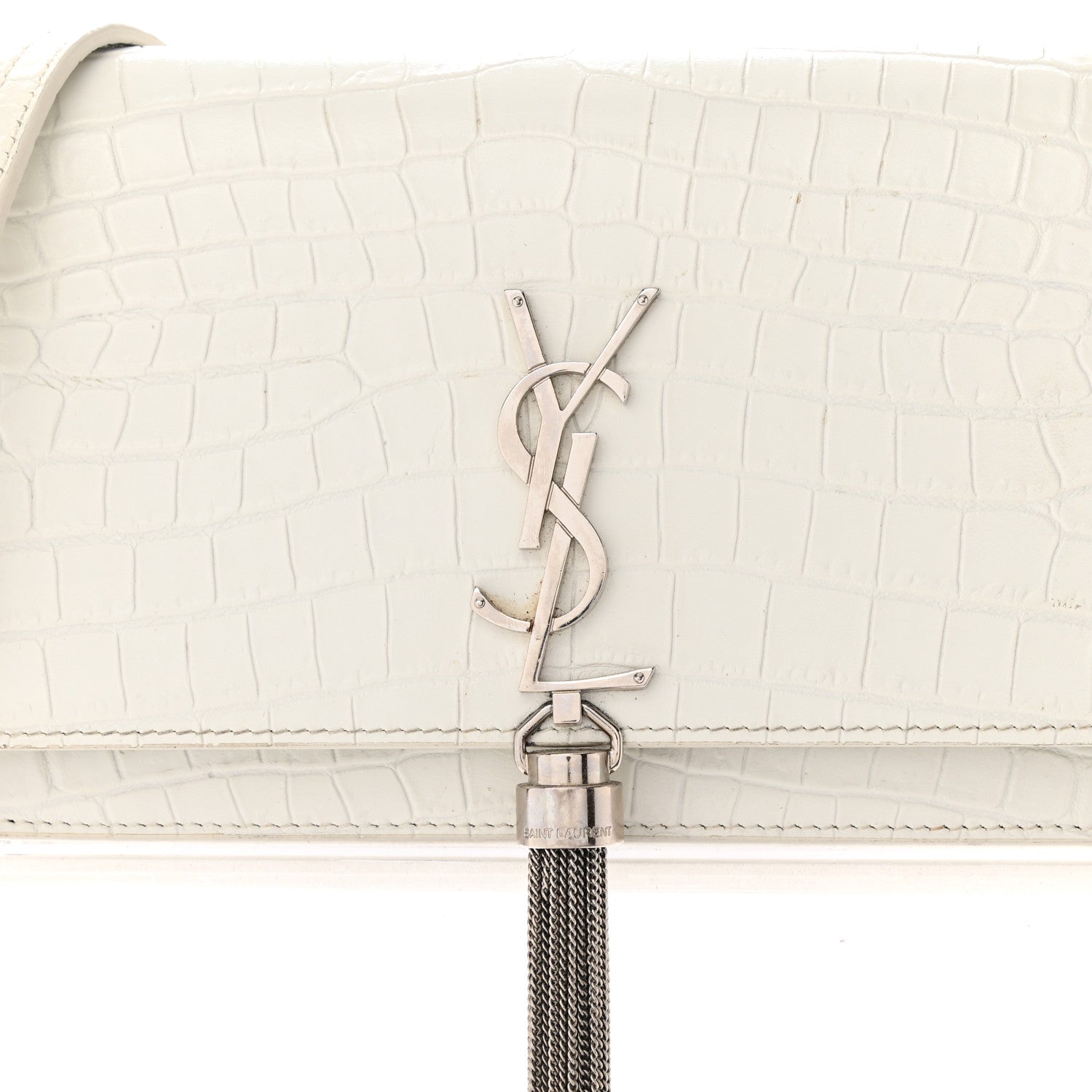 Saint Laurent Calfskin Crocodile Embossed Kate Monogram Tassel Chain Wallet Crema Soft 8 of 13
