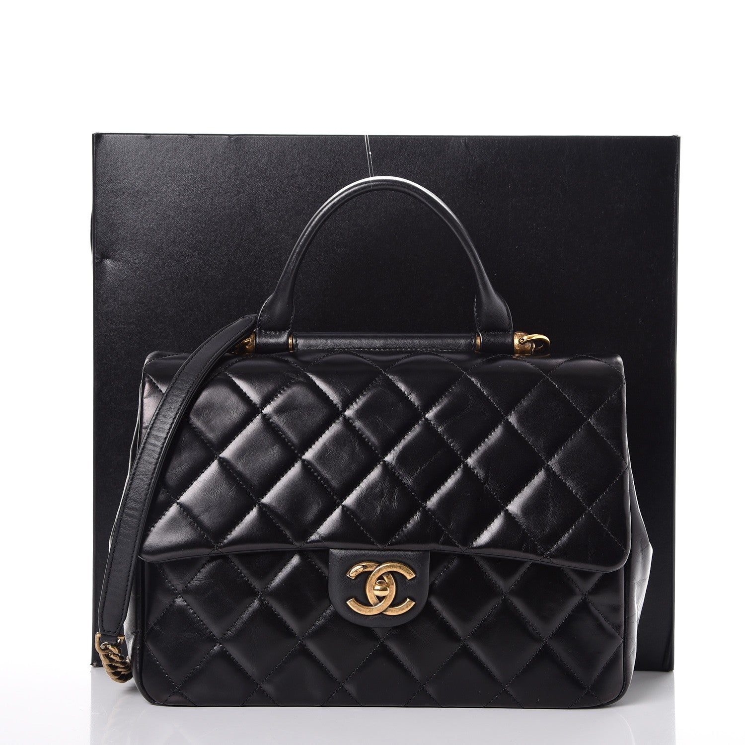 Chanel Calfskin Quilted Large Gold Bar Top Handle Flap Black 10 of 10