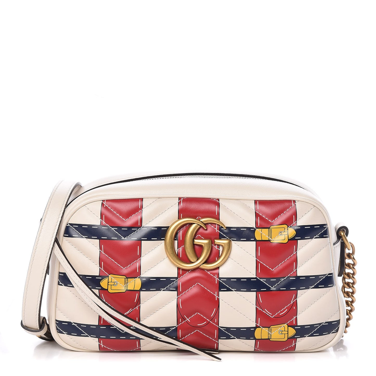 Calfskin Matelasse Trompe L'Oeil Print Small GG Marmont Chain Shoulder Bag White