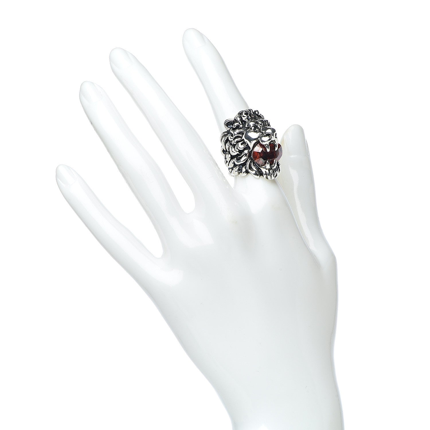 Gucci Metal Crystal Lion Head Ring 4.75 Red Aged Silver 2 of 9
