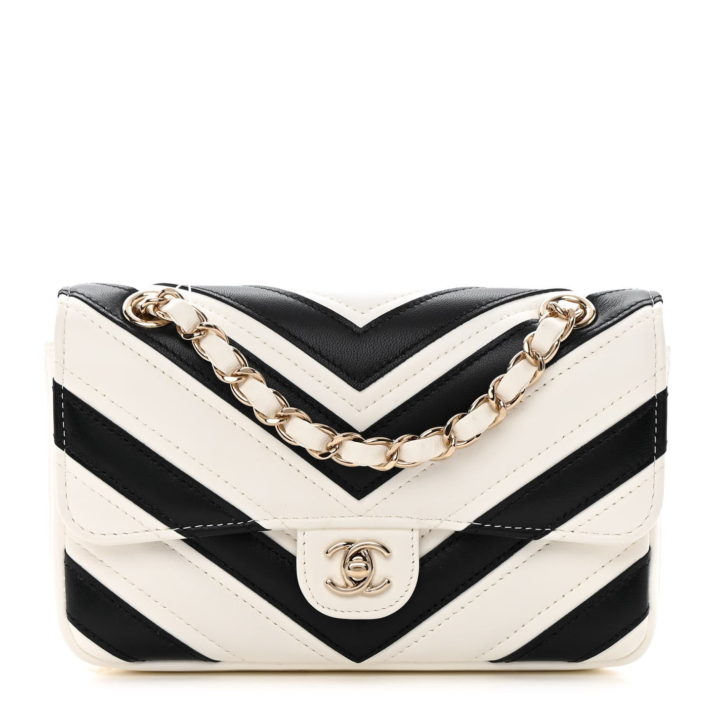 Lambskin Chevron Stitched Flap White Black