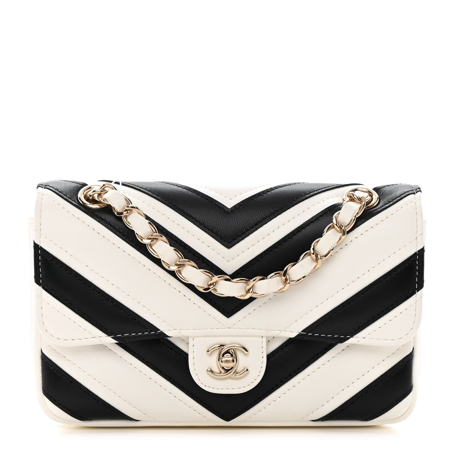 Chanel Lambskin Chevron Stitched Flap White Black 1 of 14