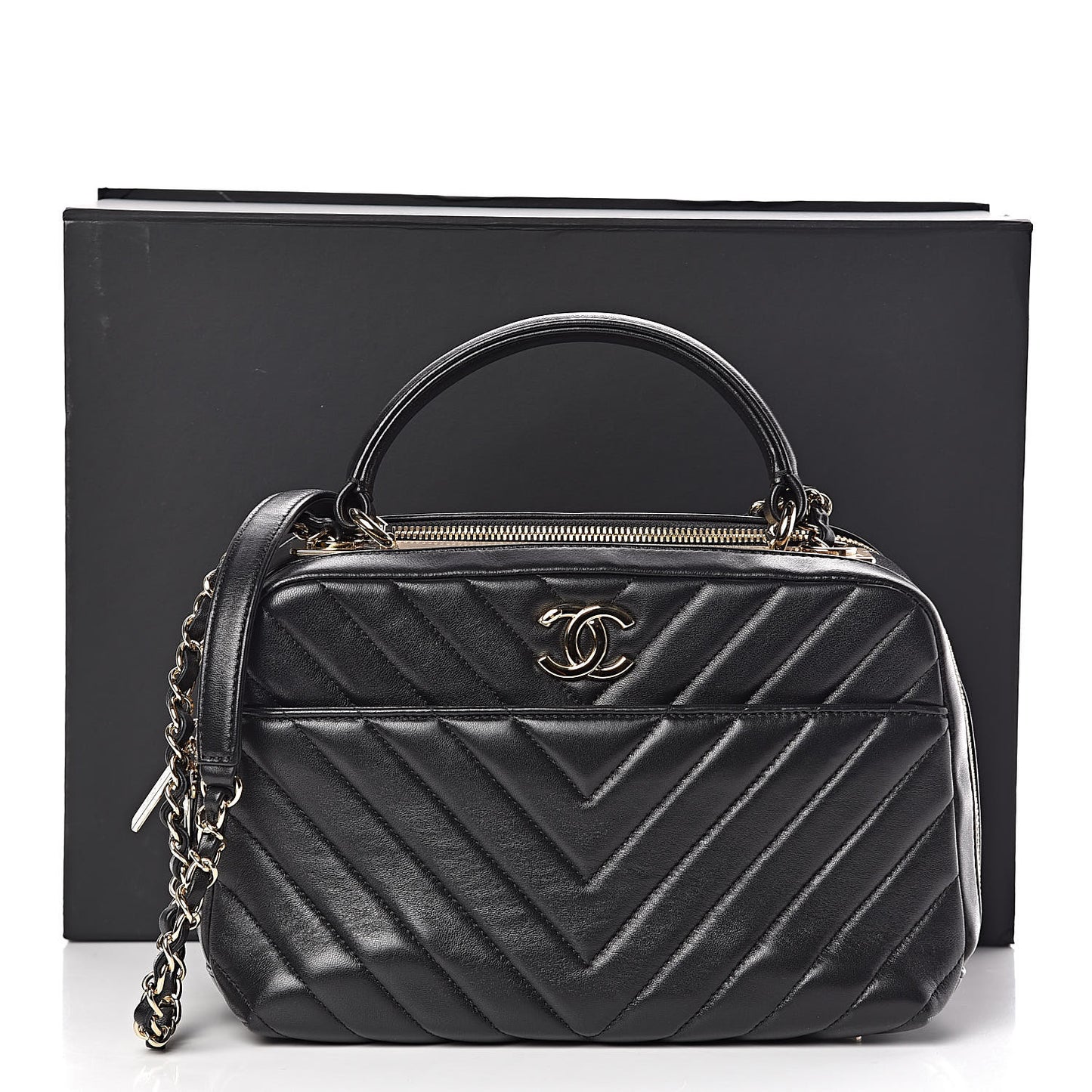 Lambskin Chevron Quilted Small Trendy CC Bowling Bag Black