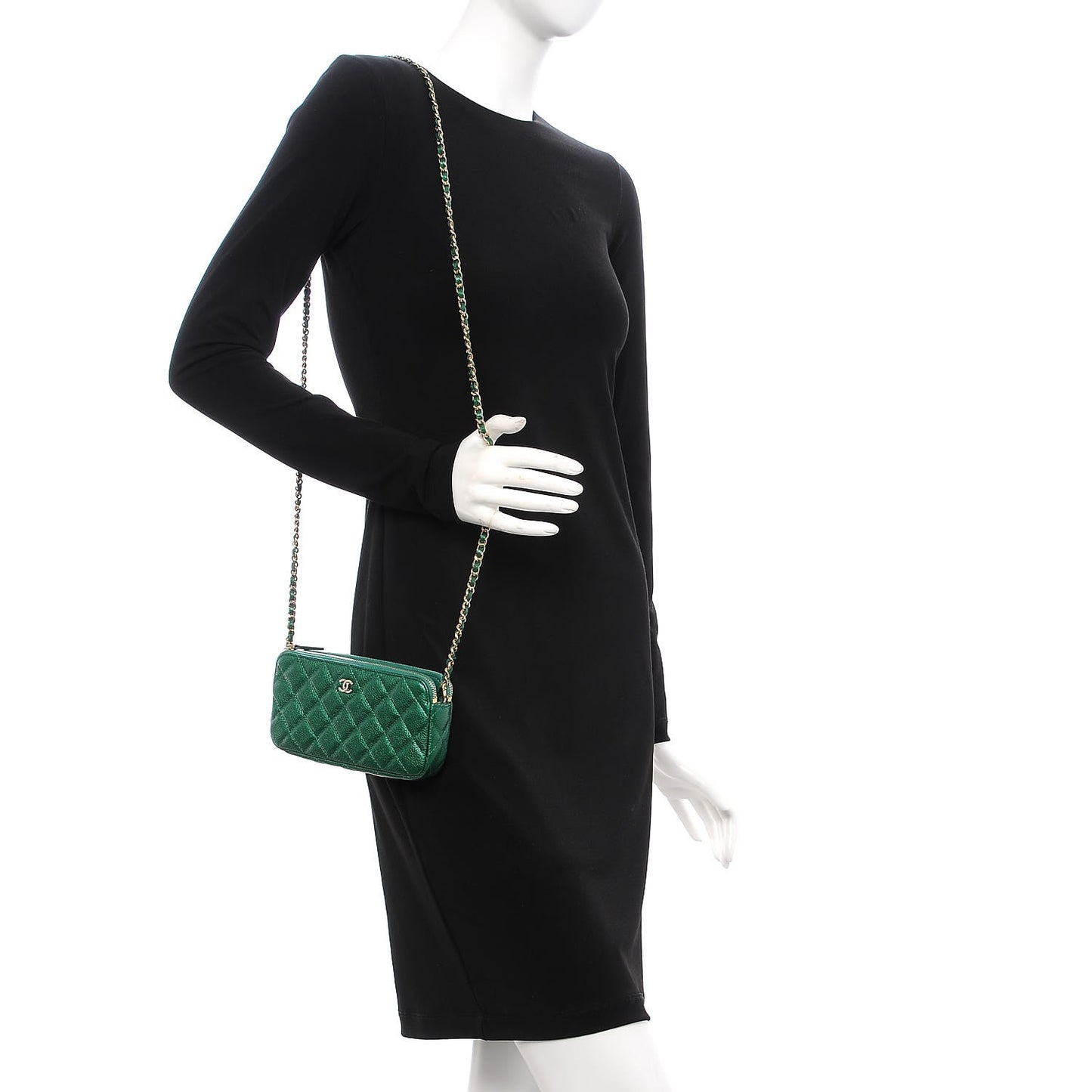 Caviar Quilted Small Clutch With Chain Green