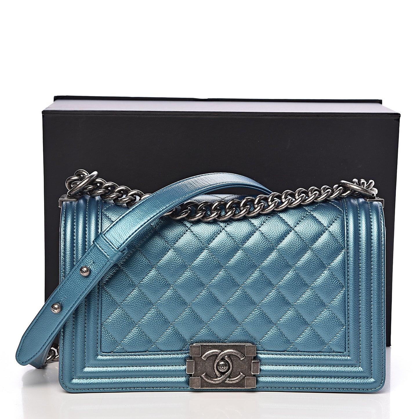 Metallic Caviar Quilted Medium Boy Flap Turquoise