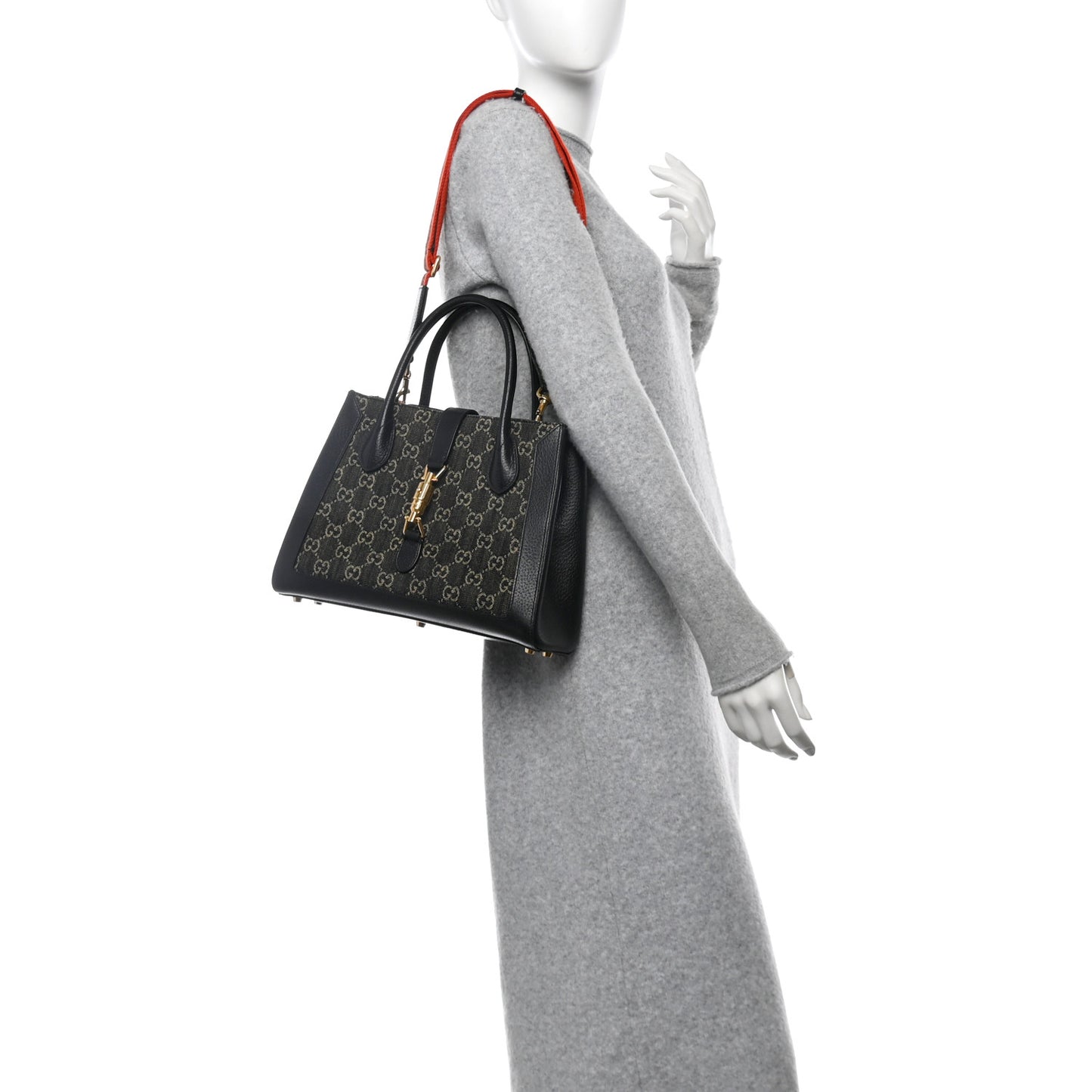 Jacquard Black Denim GG Monogram Textured Dollar Calfskin Medium Jackie 1961 Tote Black Ivory