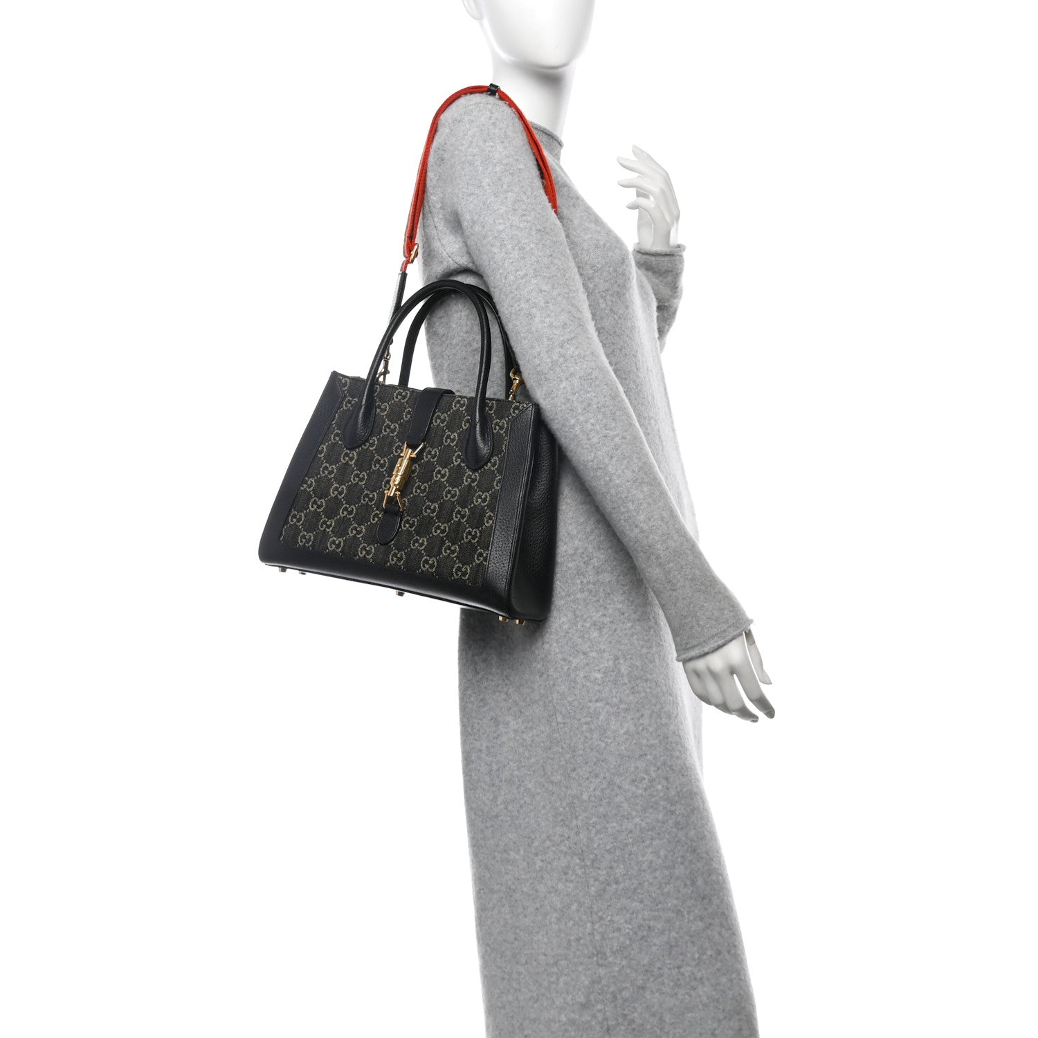 Gucci Jacquard Black Denim GG Monogram Textured Dollar Calfskin Medium Jackie 1961 Tote Black Ivory 2 of 11