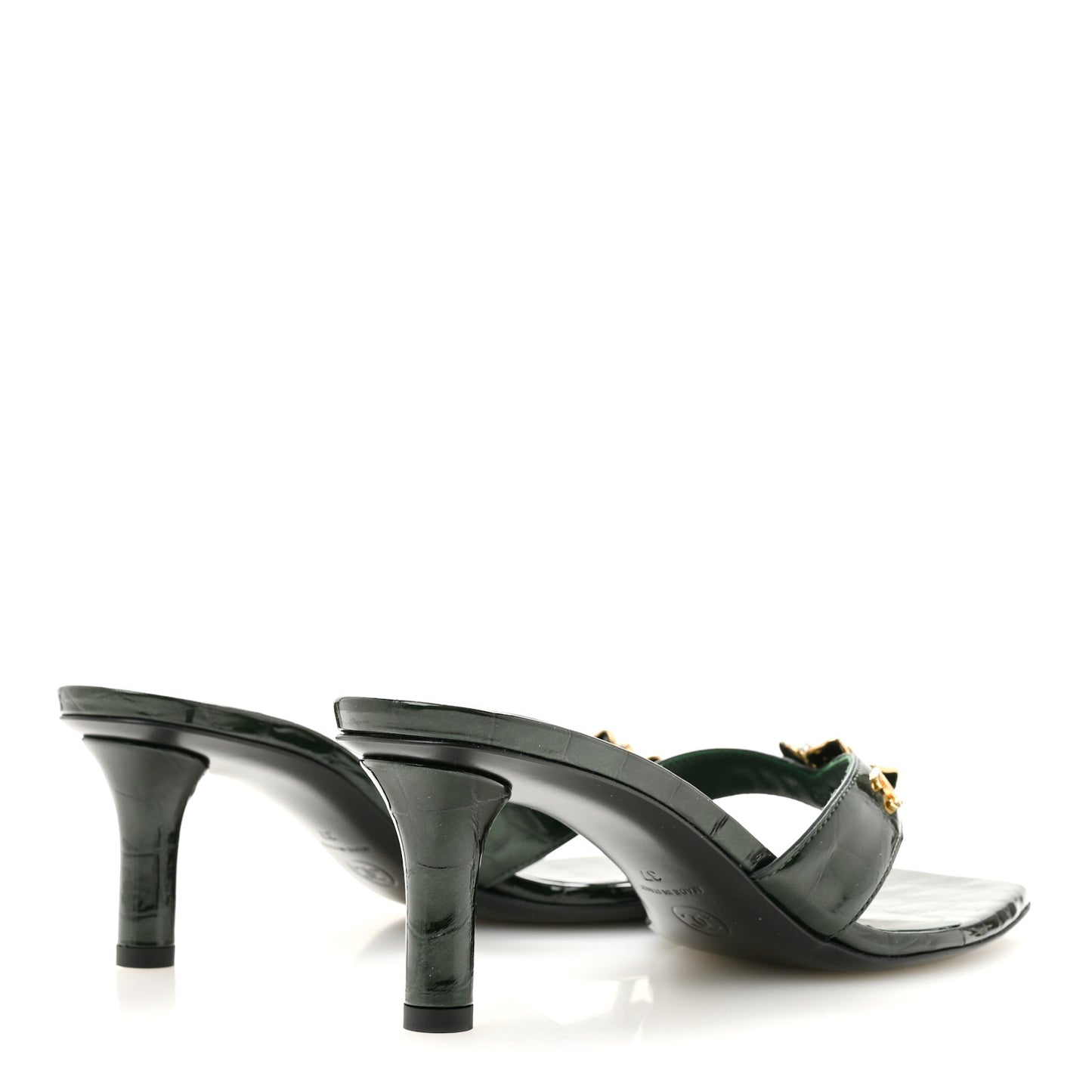 Crocodile Embossed Patent Calfskin Camelia Thong Sandals 37 Dark Green