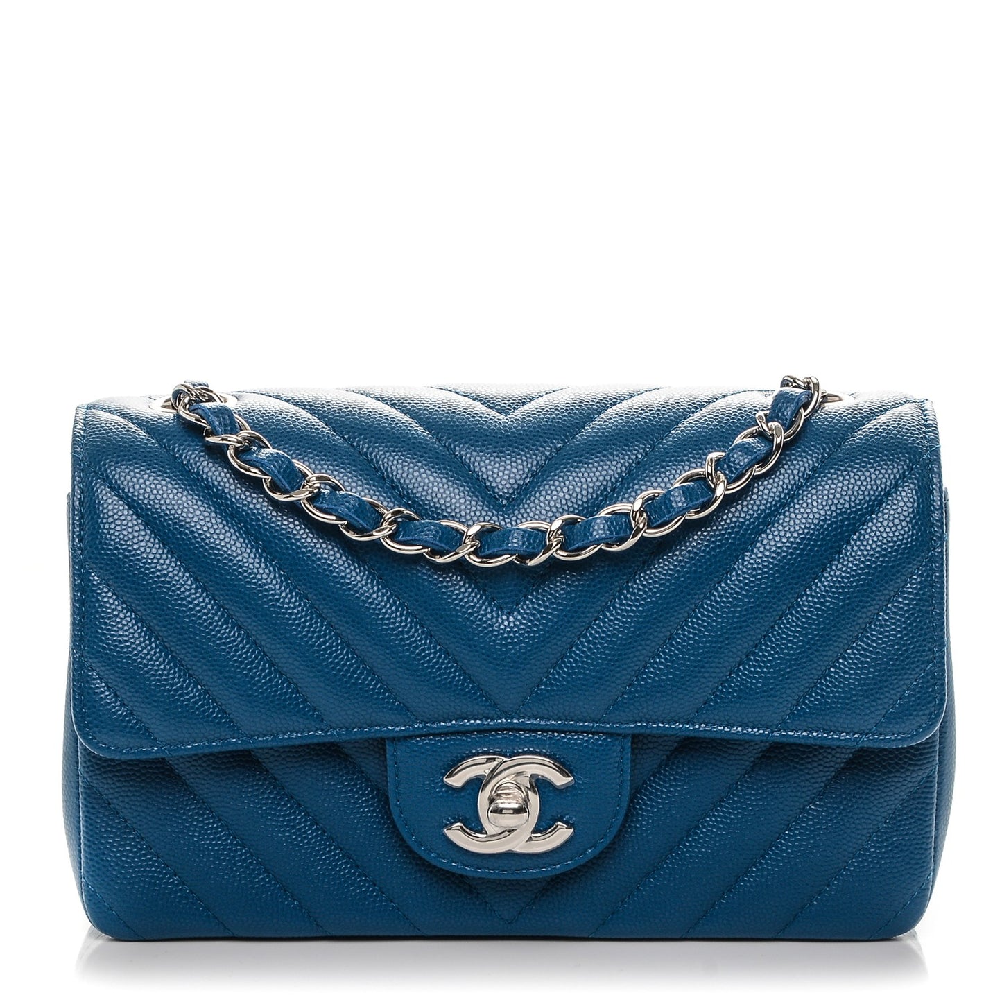 Caviar Chevron Quilted Mini Rectangular Flap Blue