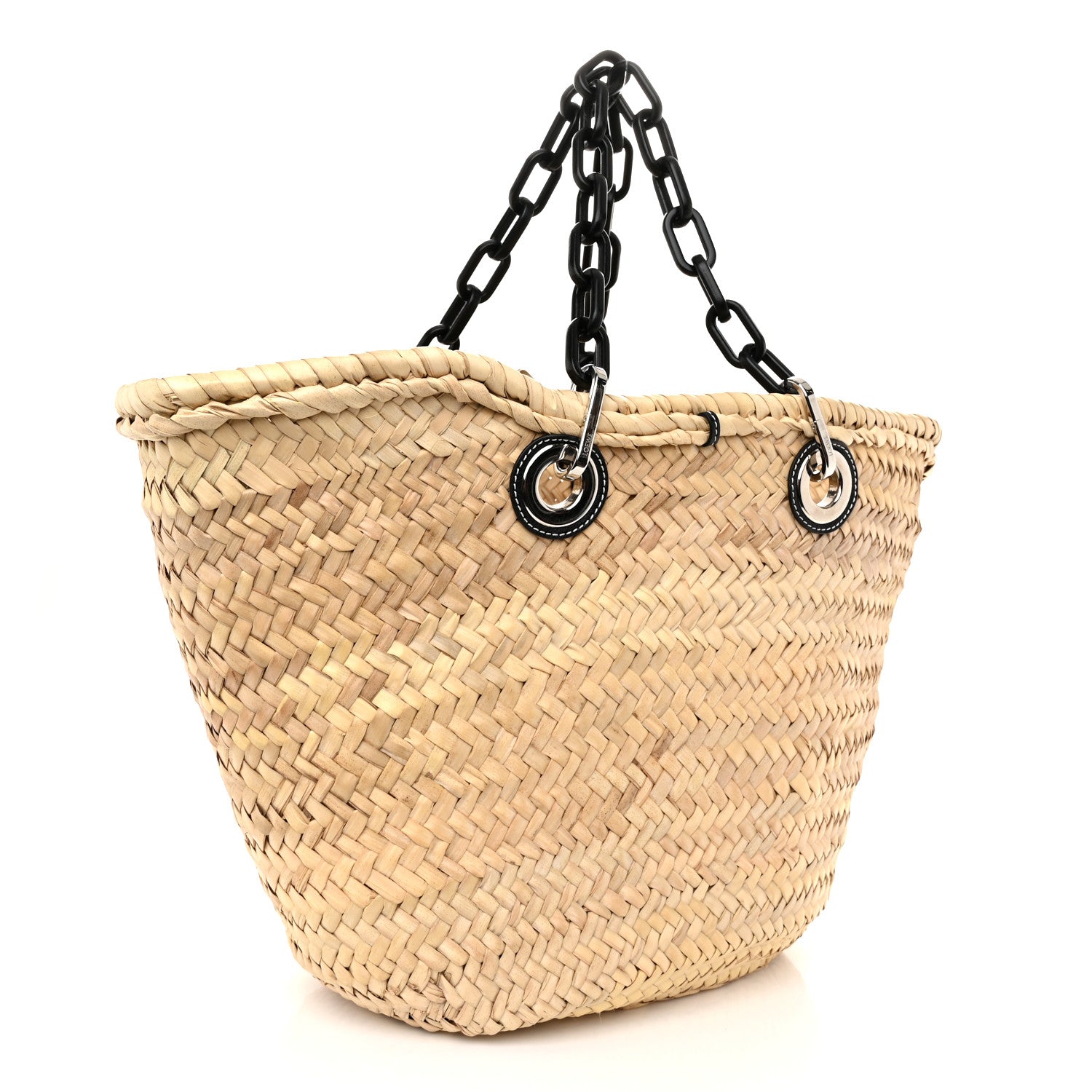 Loewe Raffia Calfskin Medium Chain Basket Tote Bag Natural Black 3 of 8