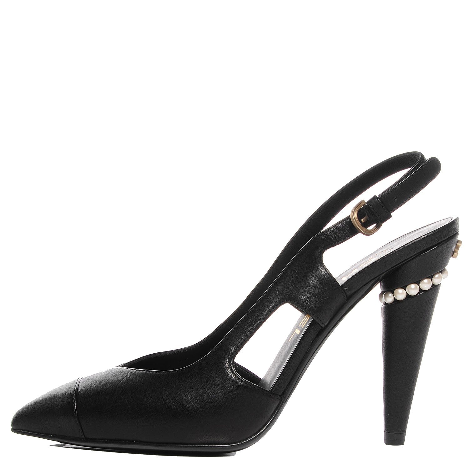Chanel Leather Pearl Slingback Pumps 35.5 Black 1 of 9