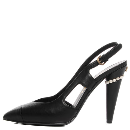 Chanel Leather Pearl Slingback Pumps 35.5 Black 1 of 9